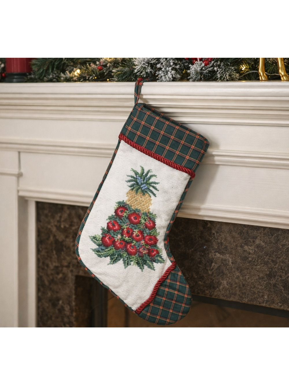 Williamsburg Christmas Stocking Needlepoint Cross Stitch Pineapple & Apples 18"
